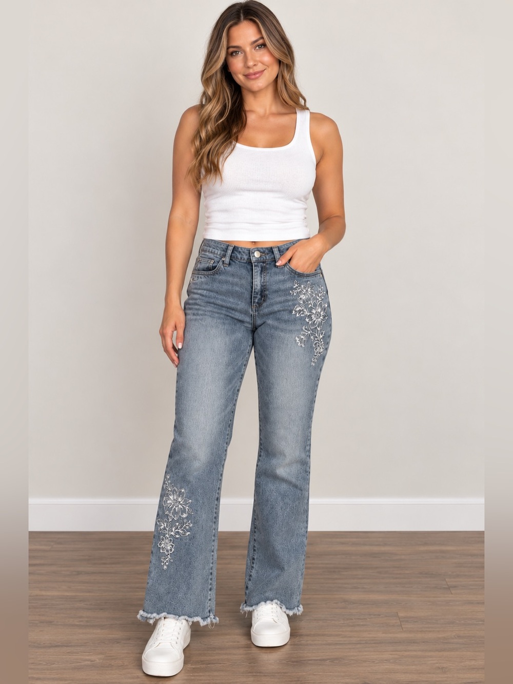 Democracy Floral Embroidered Raw Hem Ab Technology Bootcut Jeans